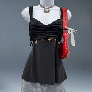 y2k black byerwear tassel ruched sleeveless top boho whimsigoth fairy grunge